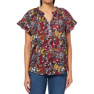 Tommy Hilfiger Womens Cotton Floral-Print Raglan-Sleeve Top XS Sky Captain NWT